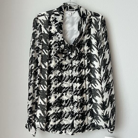 Pendleton Silk Secretary Black & White Blouse Houndstooth Tie Neck Office Sz 6 - Picture 1 of 16